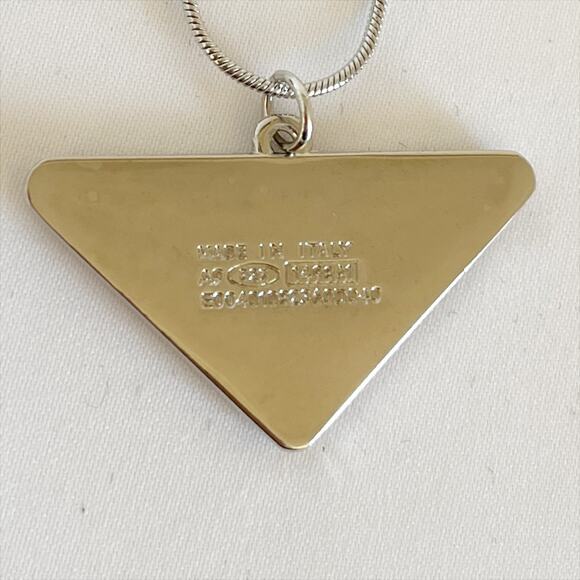 PRADA Triangle Logo Pink Silver Pendant Stamped Necklace Charm Snake Chain - Picture 6 of 12